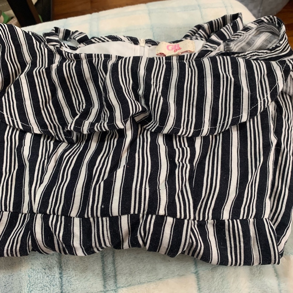 CB Girls Size 7 romper, black and white stripe, shorts, off-the shoulder